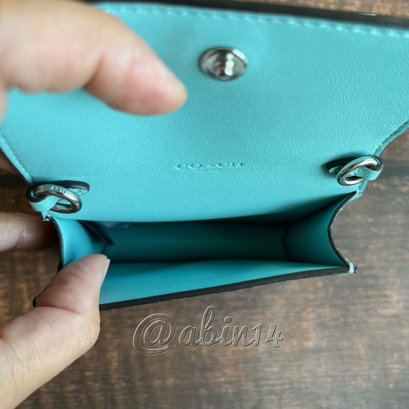 NWT Coach Half Flap Leather Card Case with Chain Strap in Faded Blue Color - Picture 3 of 6